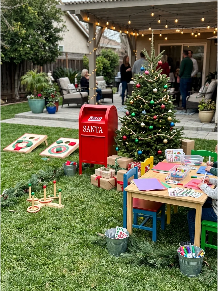 North Pole themed kids area in a backyard.