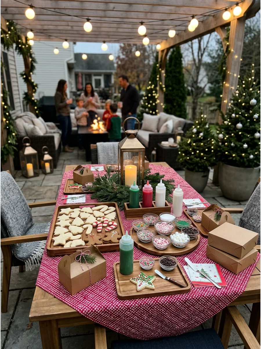 Cookie decorating station with icing and sprinkles.