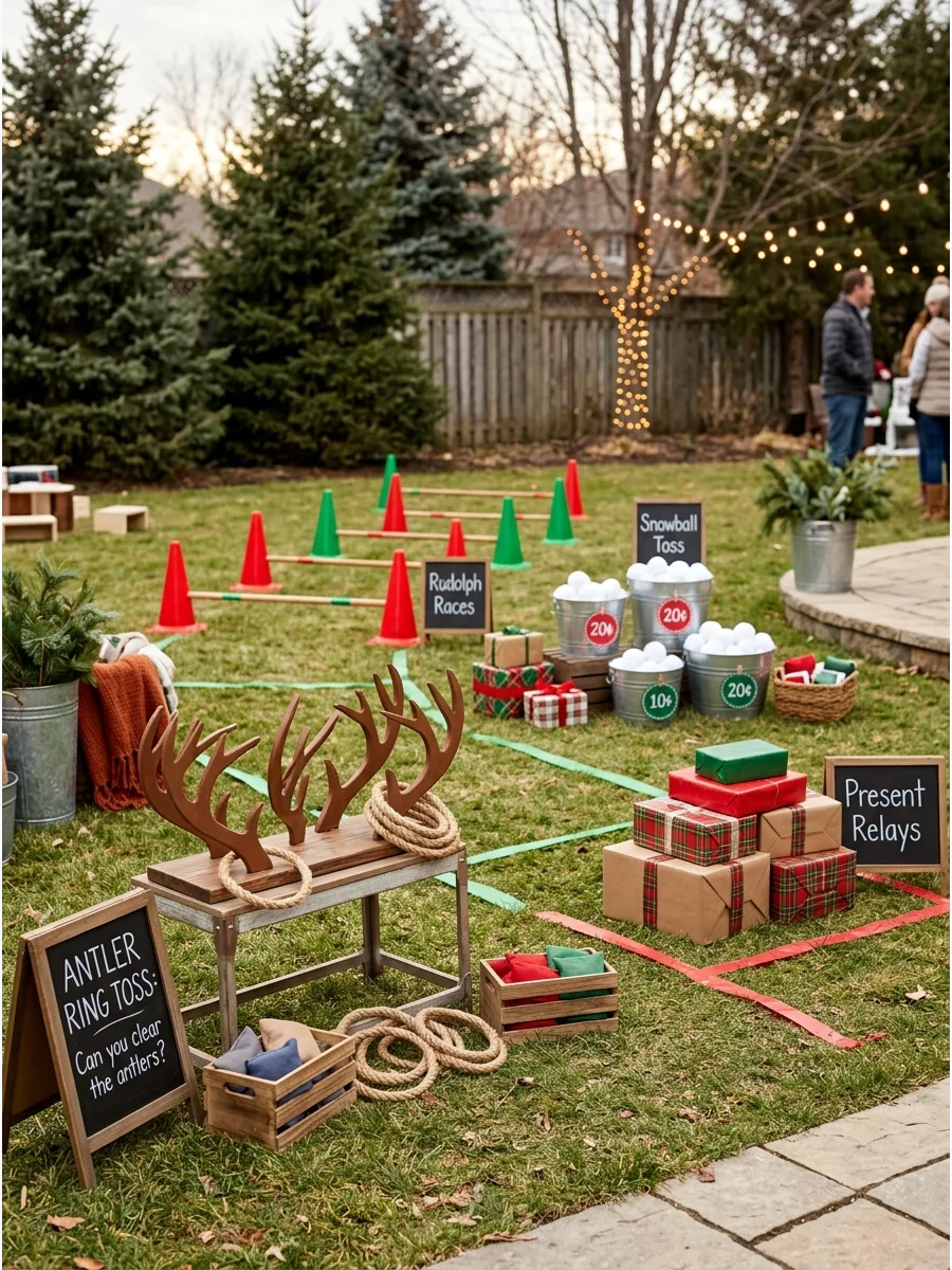 Outdoor game stations on a grassy lawn.