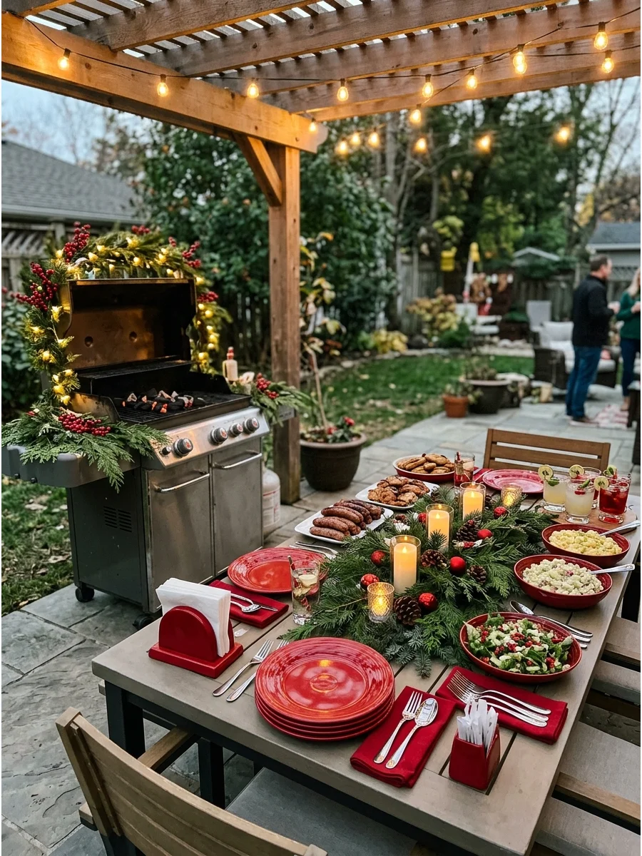 An outdoor grill decorated with Christmas garland on a patio.