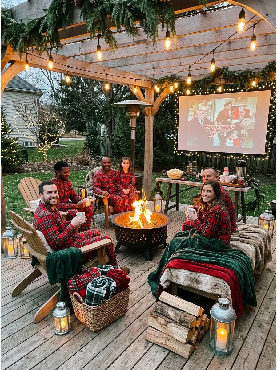 People in pajamas sitting around a deck fire pit.