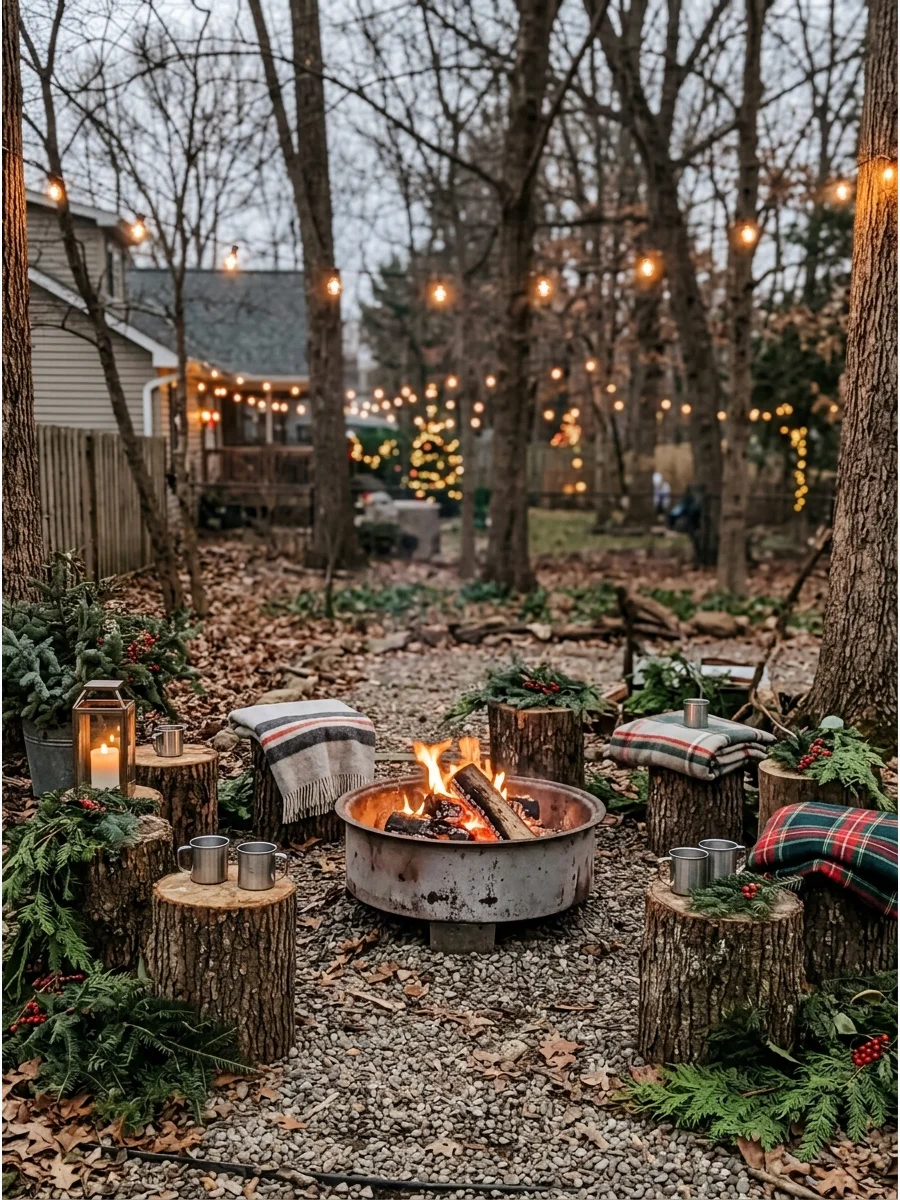 Log stools around a fire pit with tin mugs of cocoa.