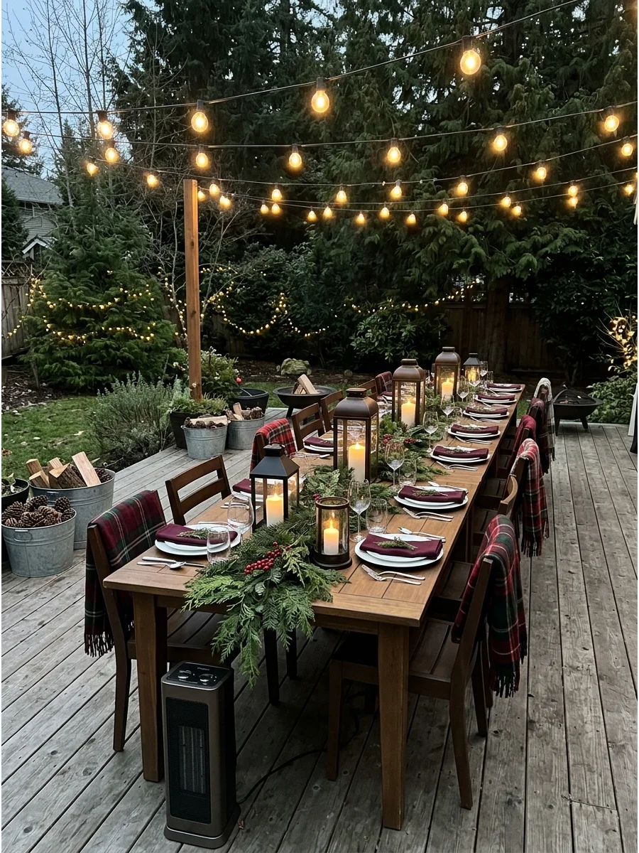 A long dinner table set for Christmas on an outdoor deck.