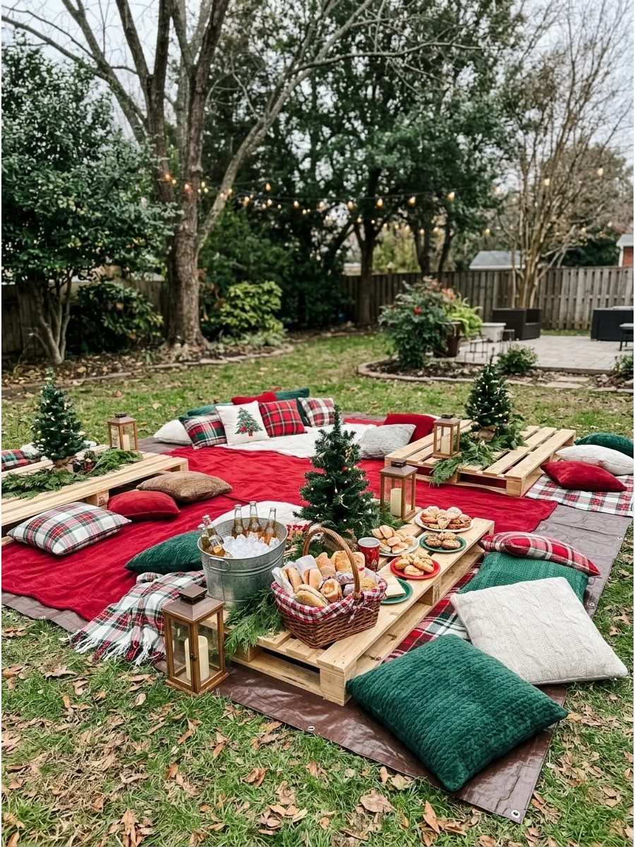 Christmas picnic setup on a lawn with blankets and low tables.