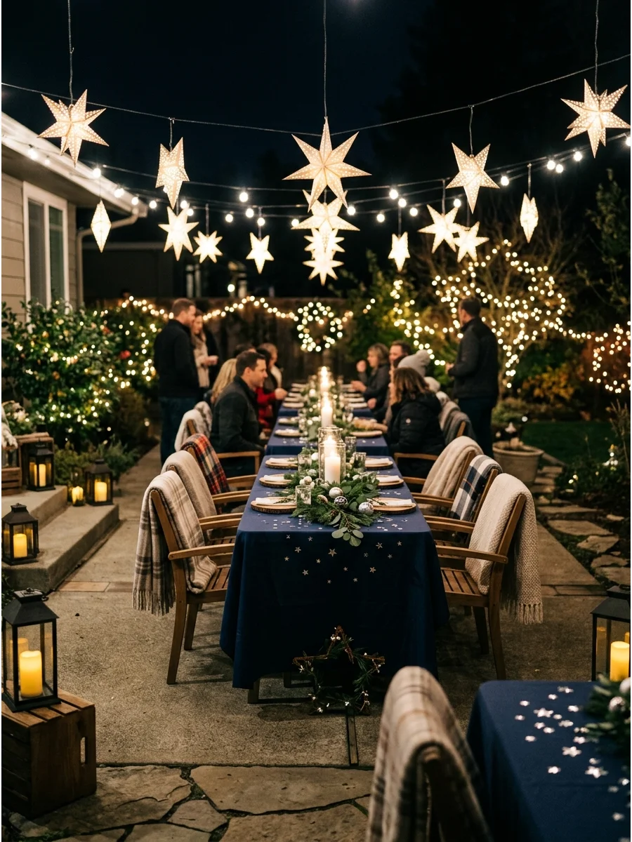 Outdoor patio decorated with star lanterns and navy blue linens.