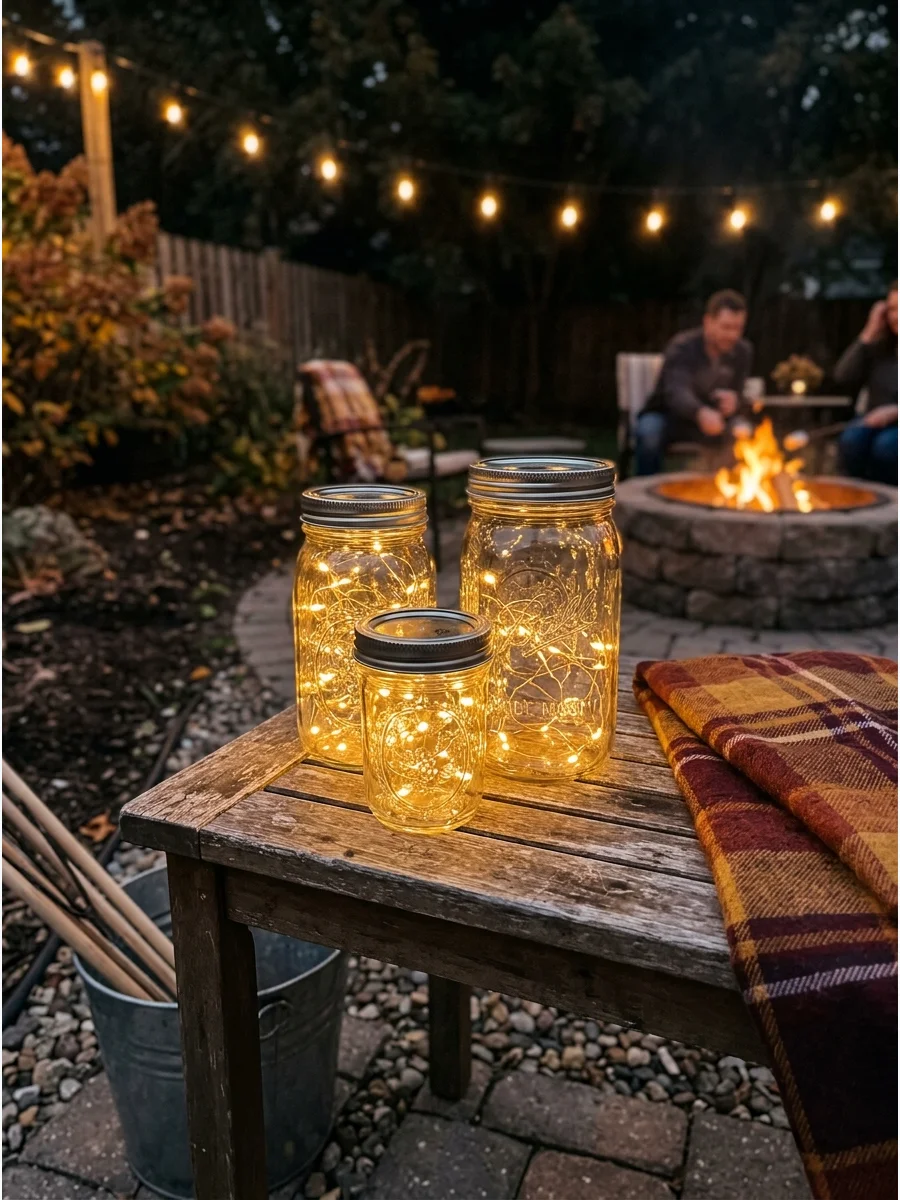 Mason jars filled with warm fairy lights on a backyard table.