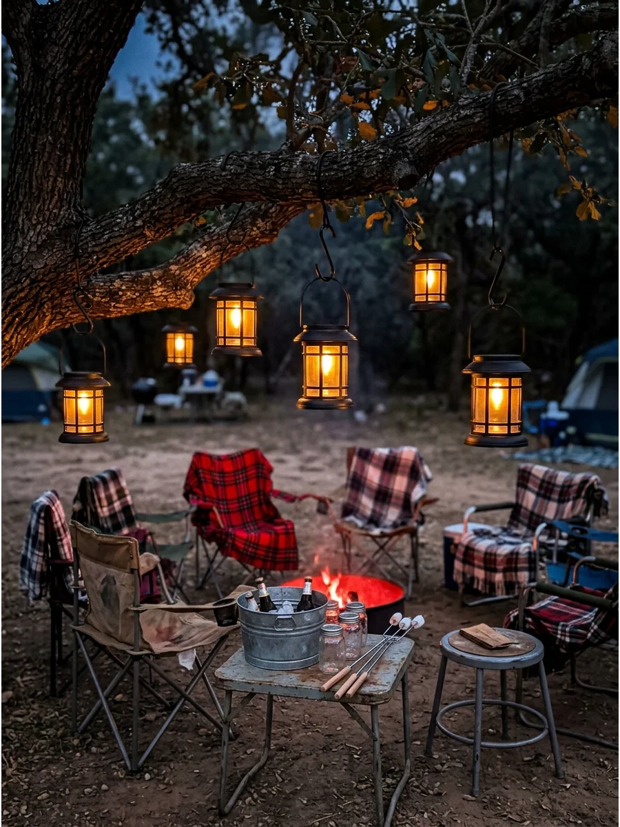 Solar lanterns hanging from tree branches at a campsite.
