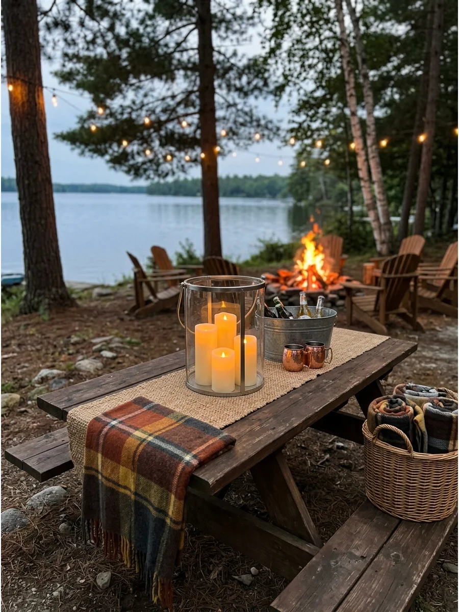 Battery-operated candles in a glass lantern on a wooden table.