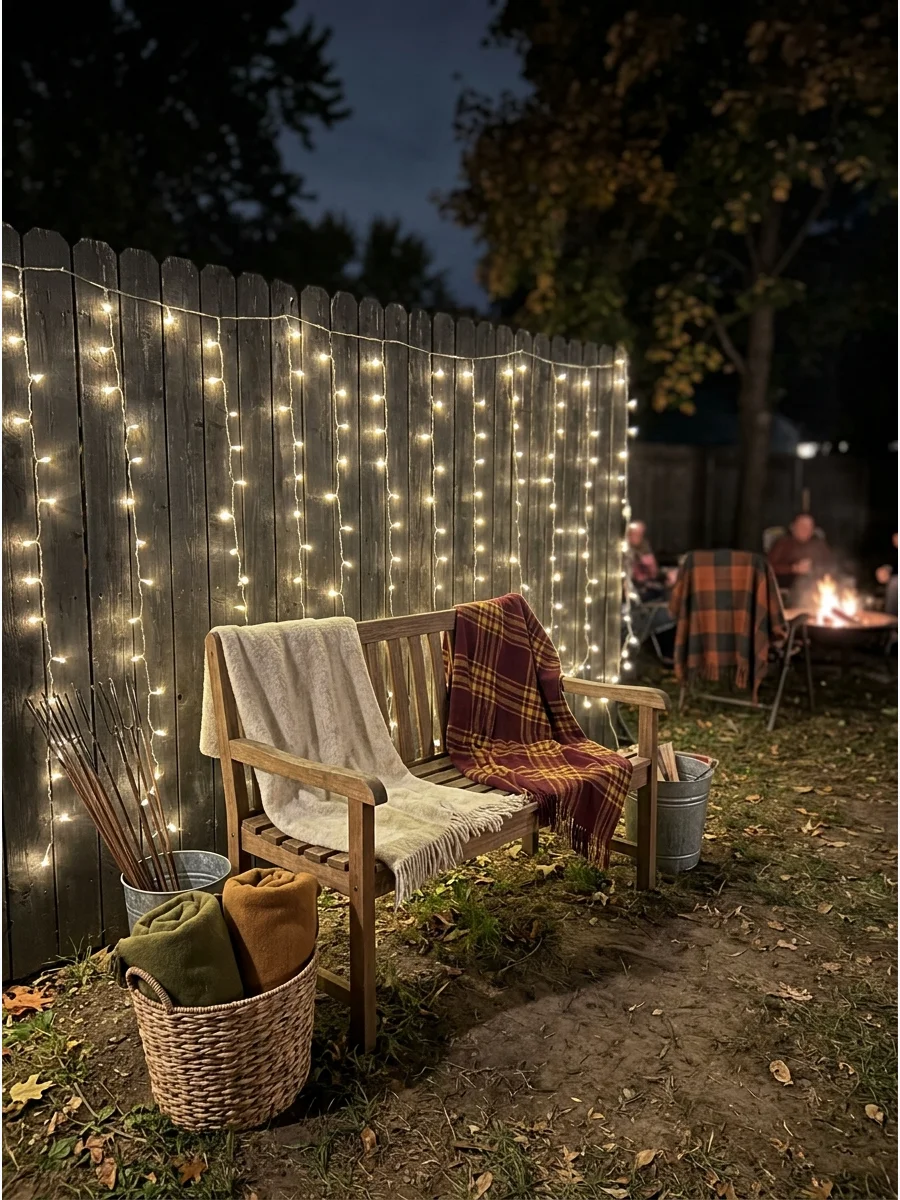 A backyard photo spot with a wooden bench and fairy lights on a fence.