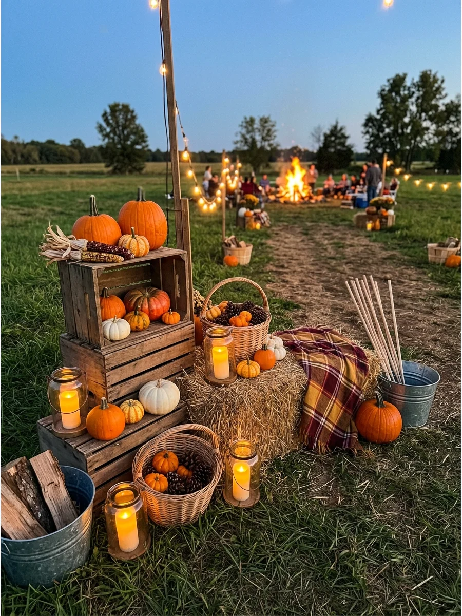 Fall decorations including pumpkins and crates at the edge of a field.