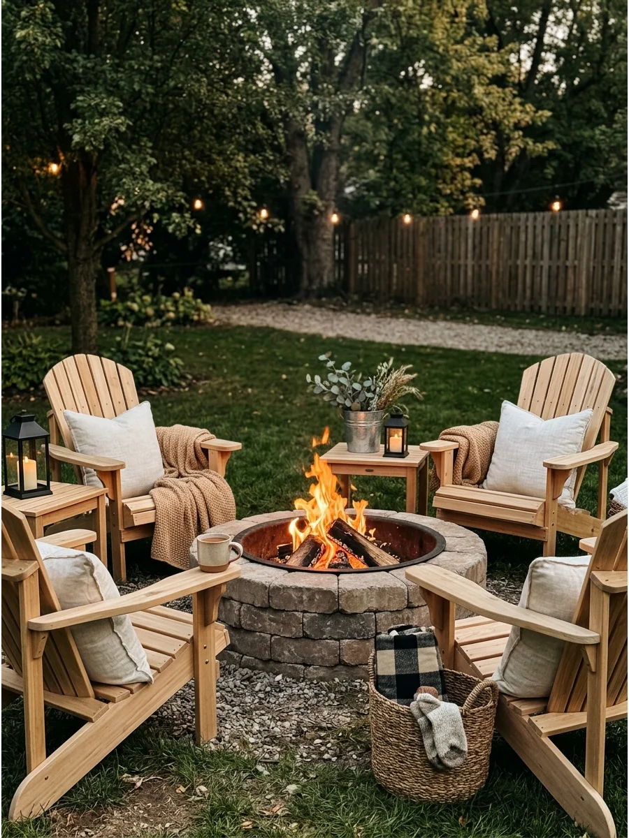 Neutral colored blankets and pillows on chairs around a fire pit.