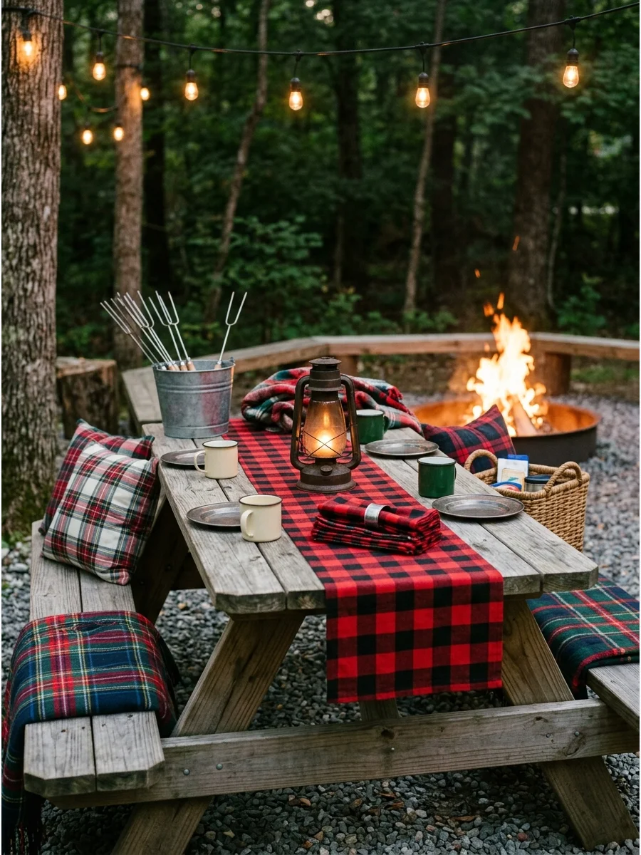 A picnic table decorated with a red plaid runner and a lantern.
