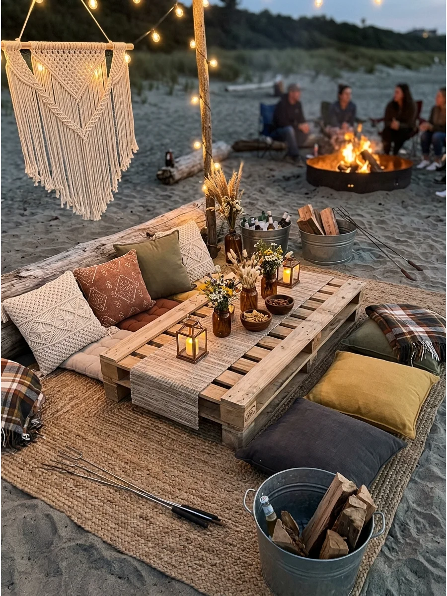 Bohemian style floor cushions and a low table on a beach.