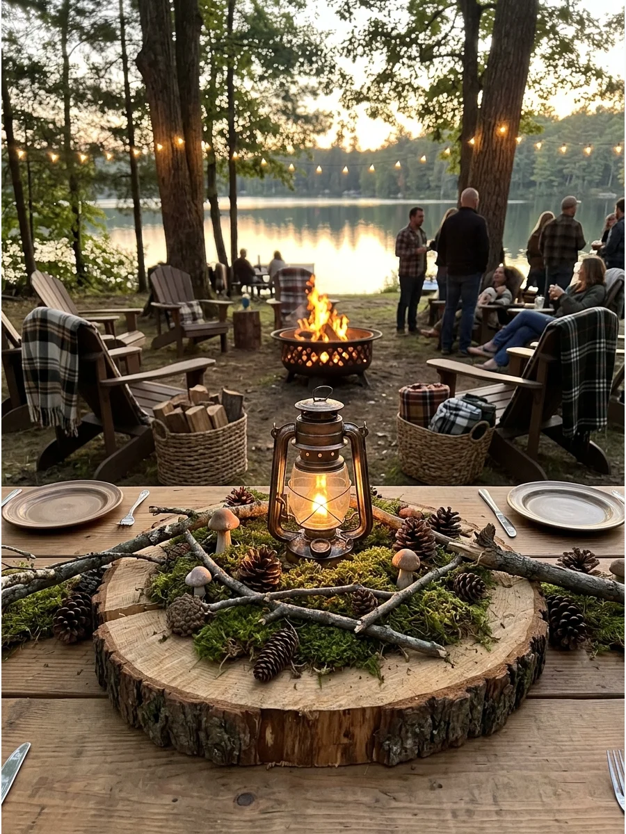A woodland themed centerpiece with moss and pinecones on a tree slice.