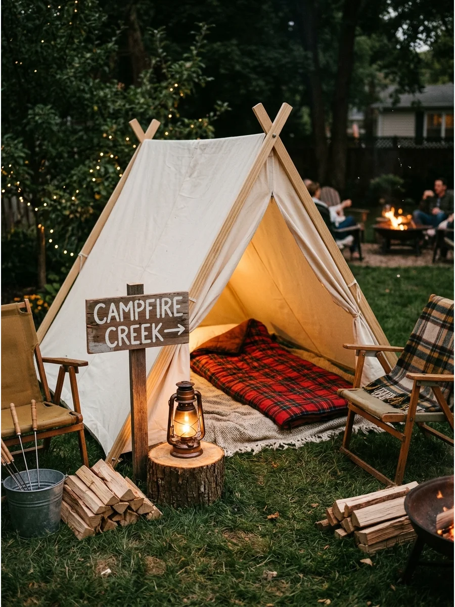 A small tent and sleeping bag set up in a backyard.