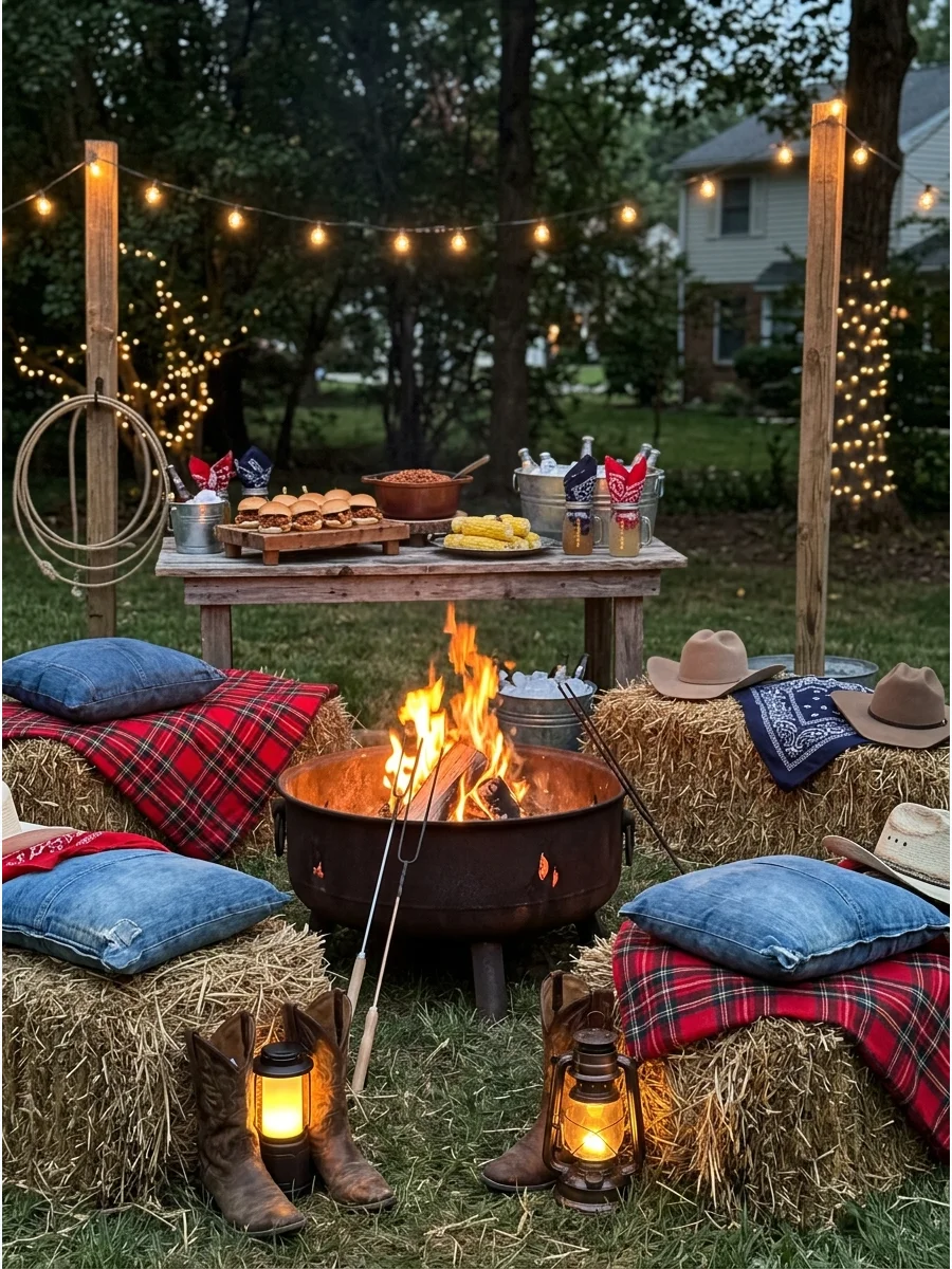 Western themed bonfire seating with hay bales and denim pillows.