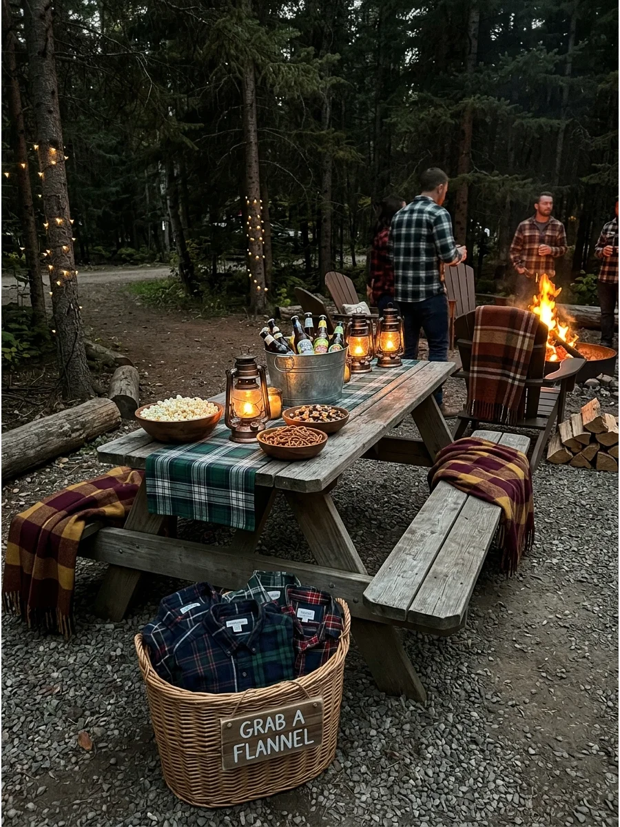 Flannel table runner and lanterns on a campground picnic table.
