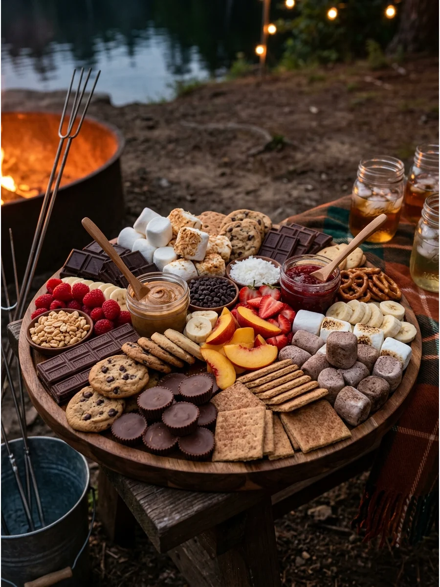 Large dessert board with chocolate, fruit, and crackers.