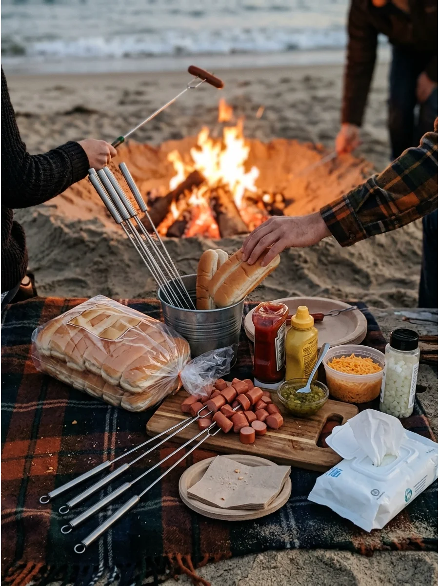 Hot dogs roasting on skewers over a beach fire.