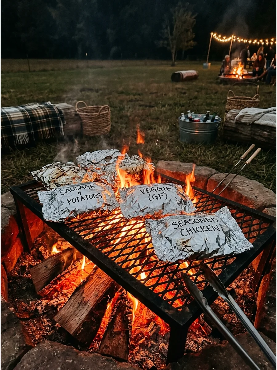 Foil packets cooking on a grate over a fire.