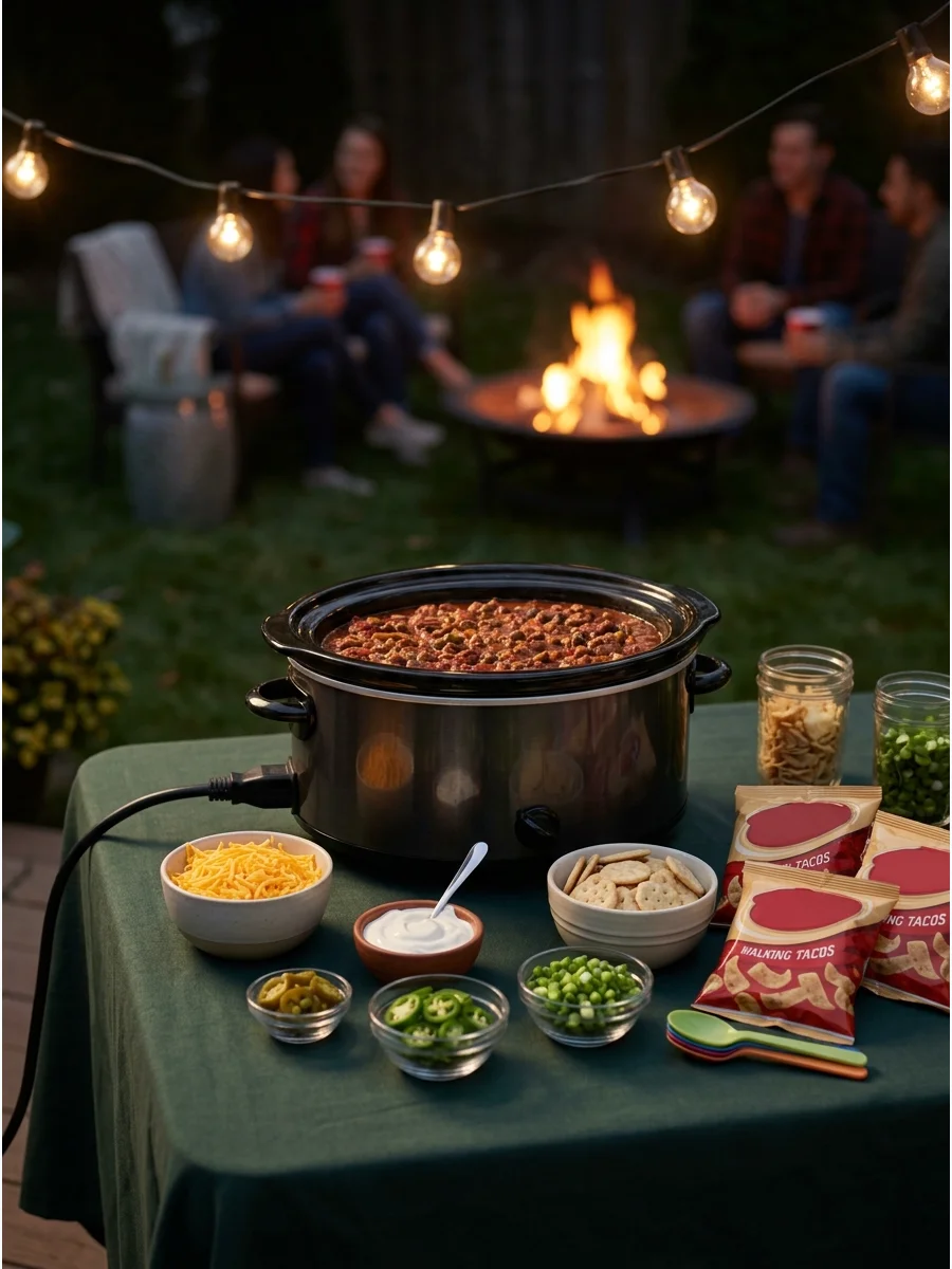 Slow cooker with chili and bowls of toppings.