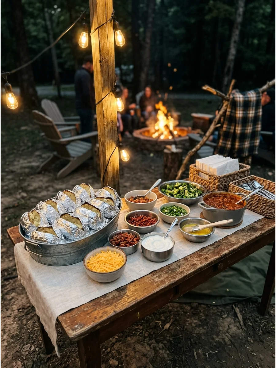 Baked potatoes in foil with various toppings.