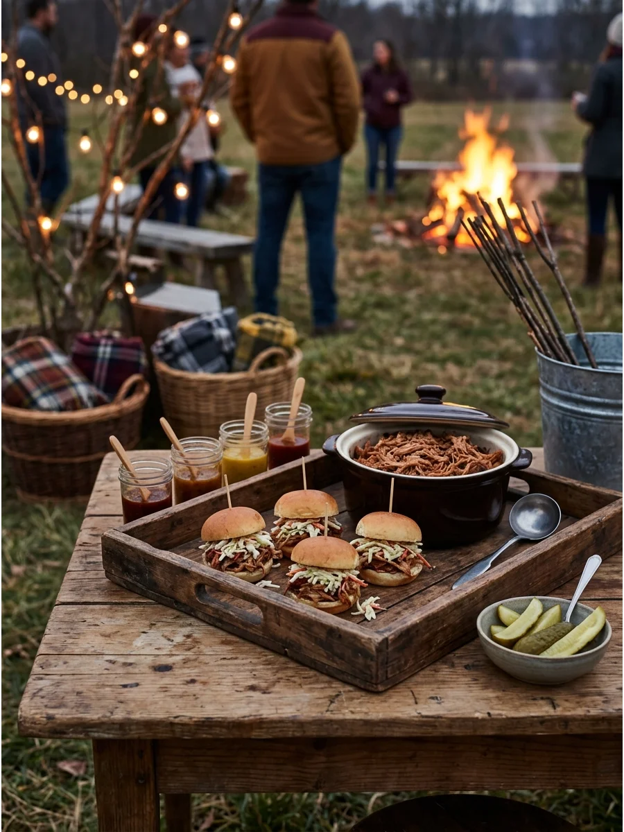 Pulled pork sliders on a wooden tray.