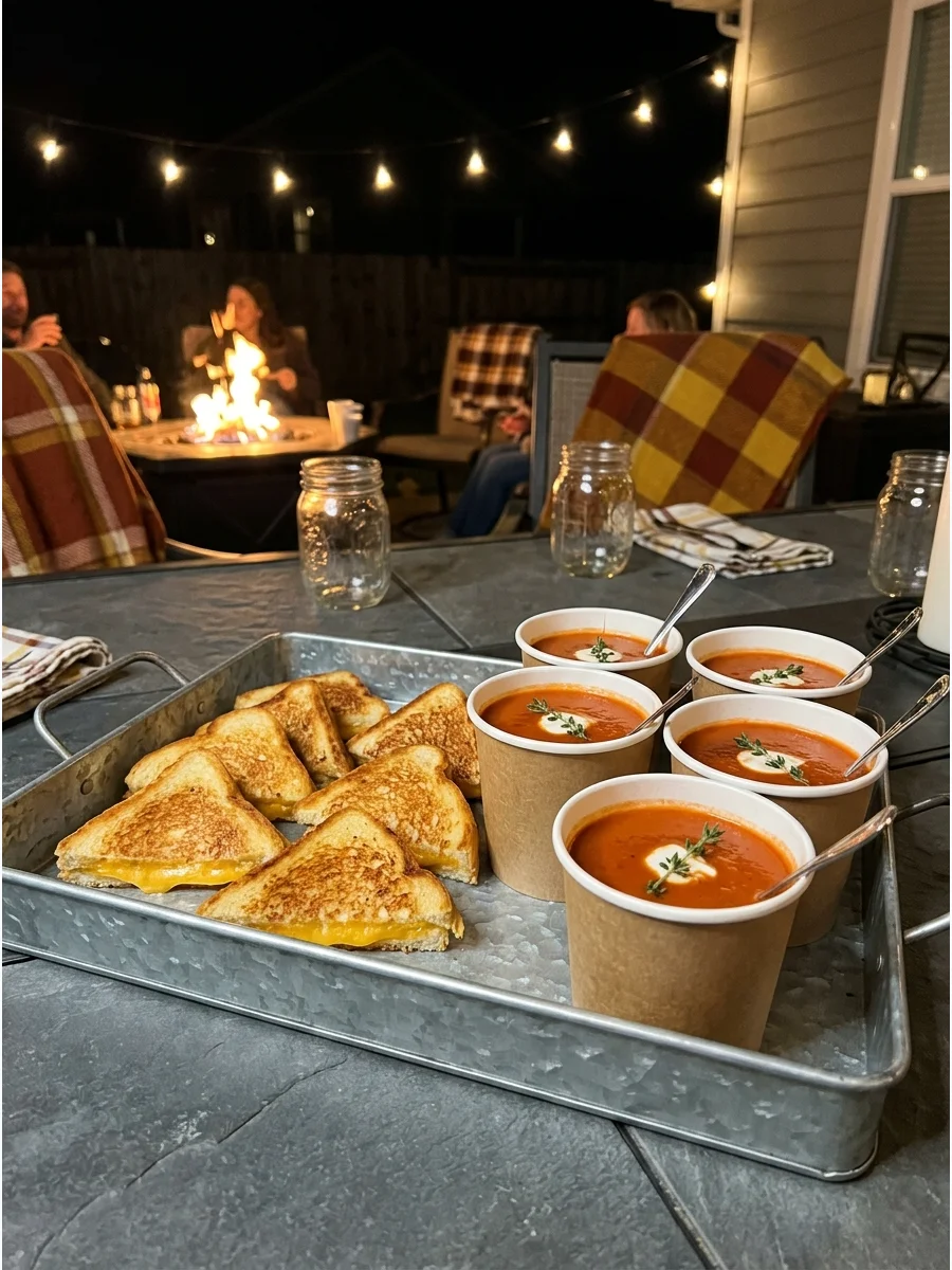 Grilled cheese triangles and tomato soup cups.