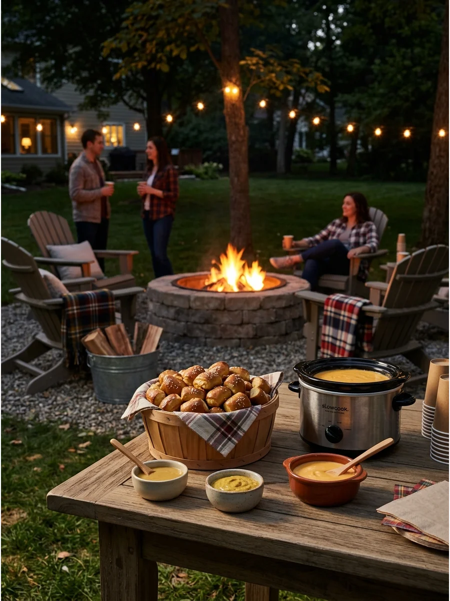 Warm pretzel bites in a basket with mustard and cheese dips.