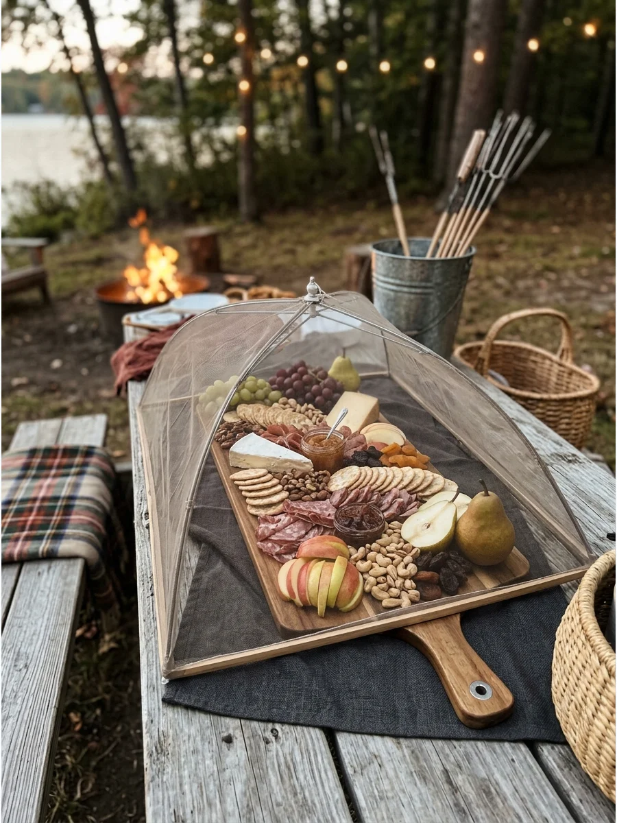 A large autumn-themed charcuterie board on a wooden table outdoors.
