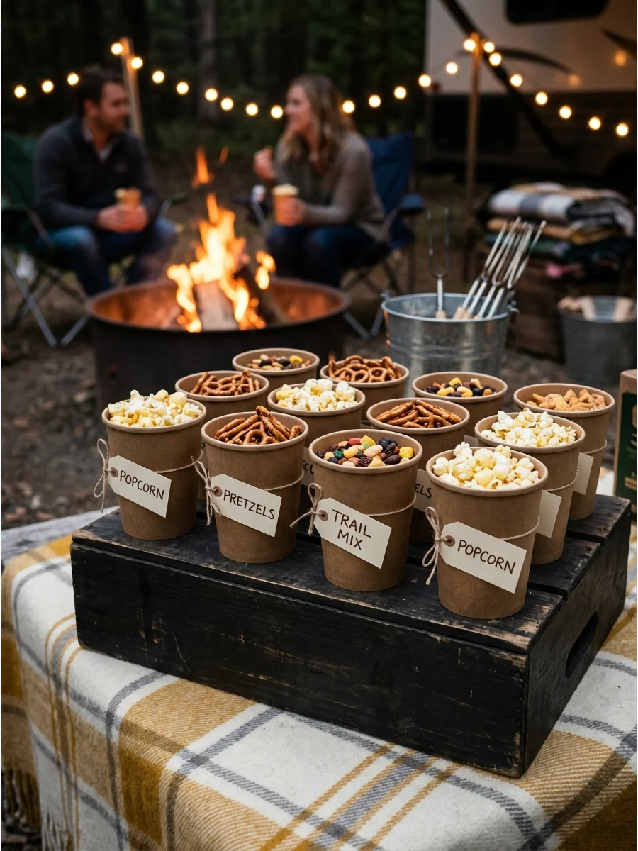 Individual paper cups filled with snacks lined up on a crate.