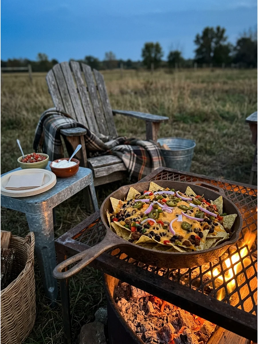 Nachos with melted cheese and jalapenos in a cast-iron skillet over a fire.