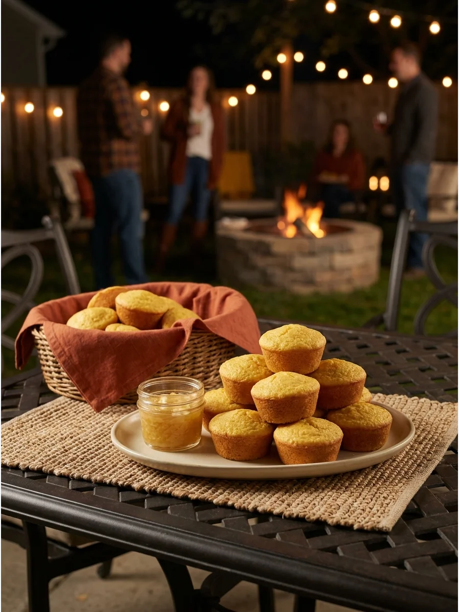 Fresh cornbread muffins stacked on a ceramic platter.