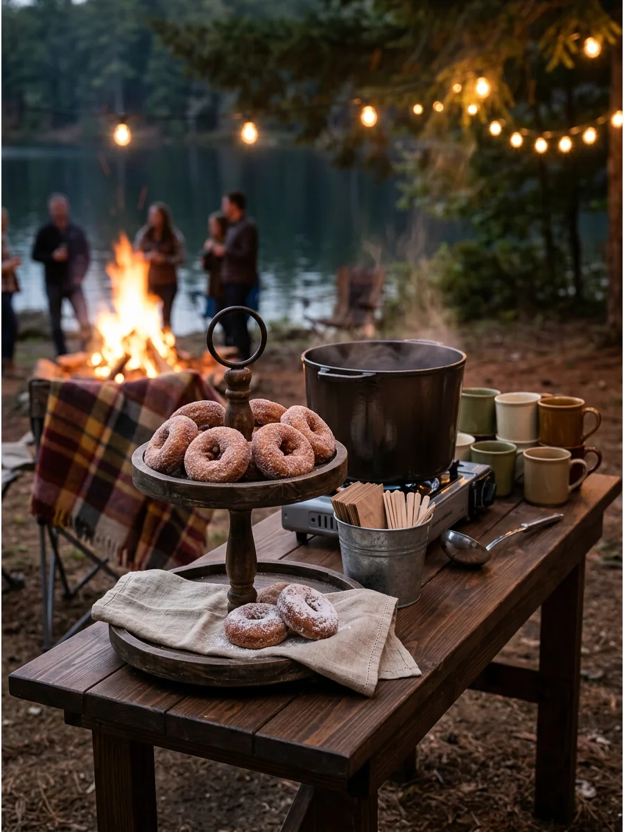 Apple cider donuts on a wooden stand at an outdoor party.