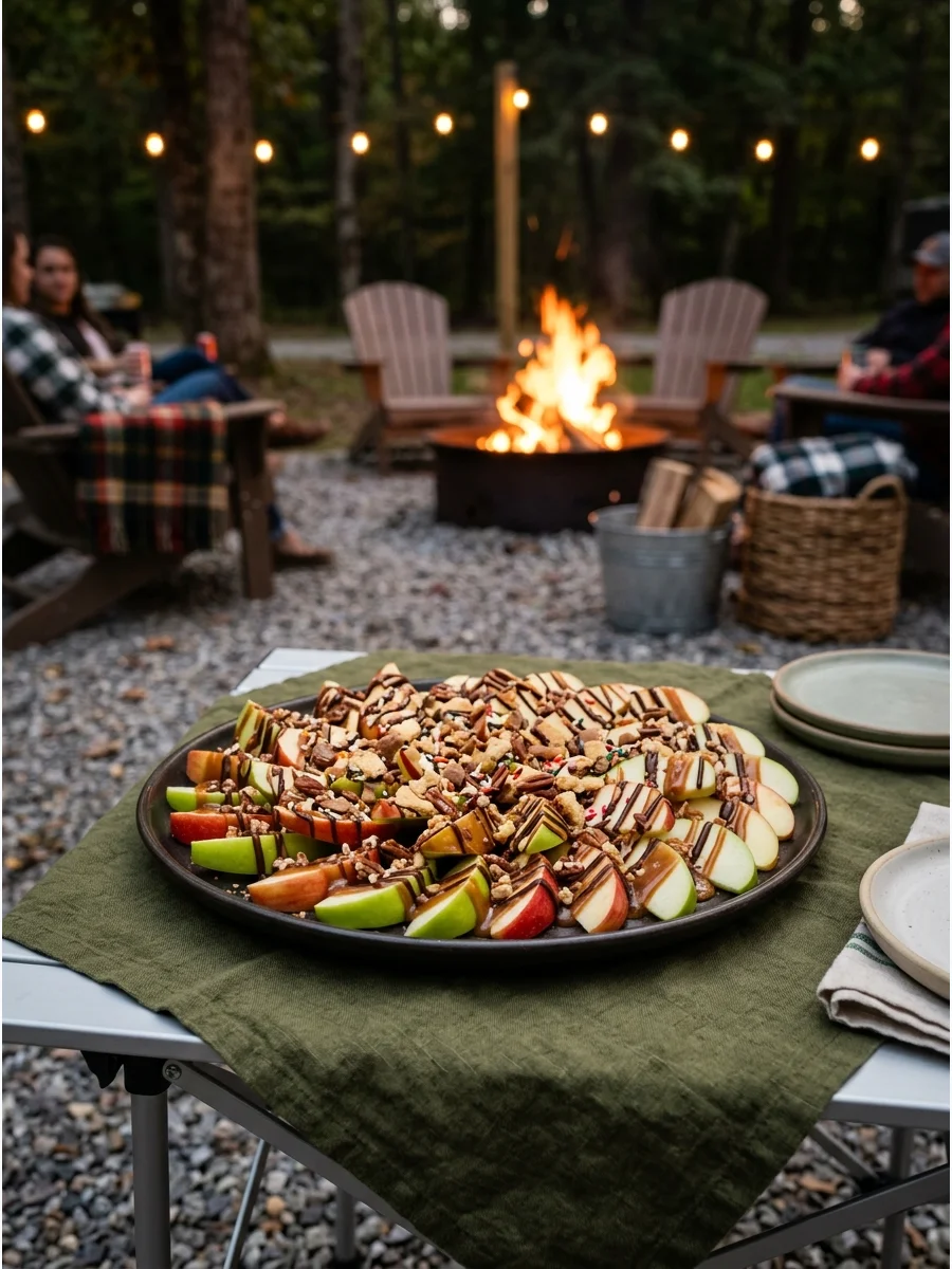 Sliced apples on a platter with caramel and chocolate toppings.