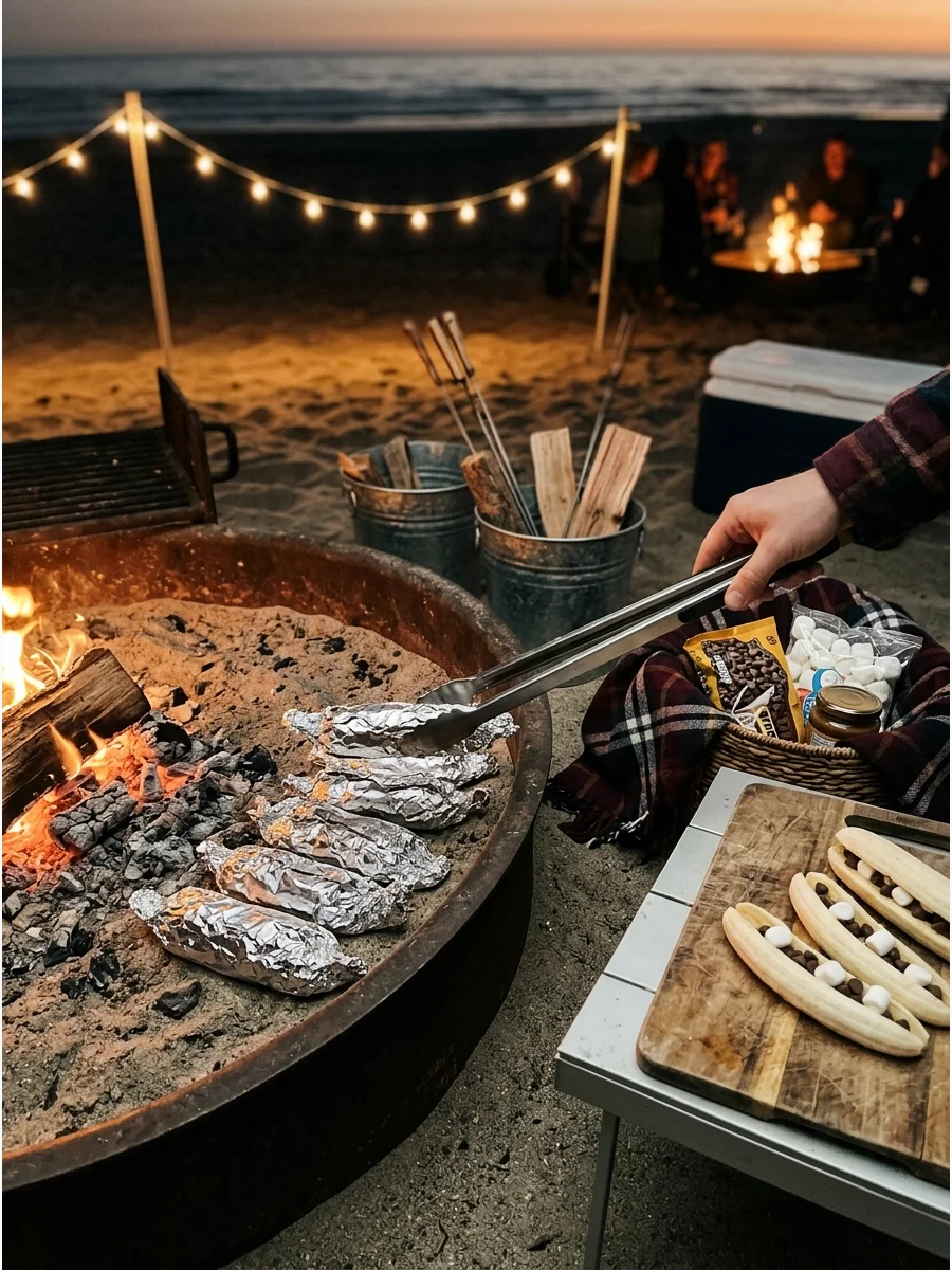 Foil-wrapped banana boats roasting at the edge of a fire pit.