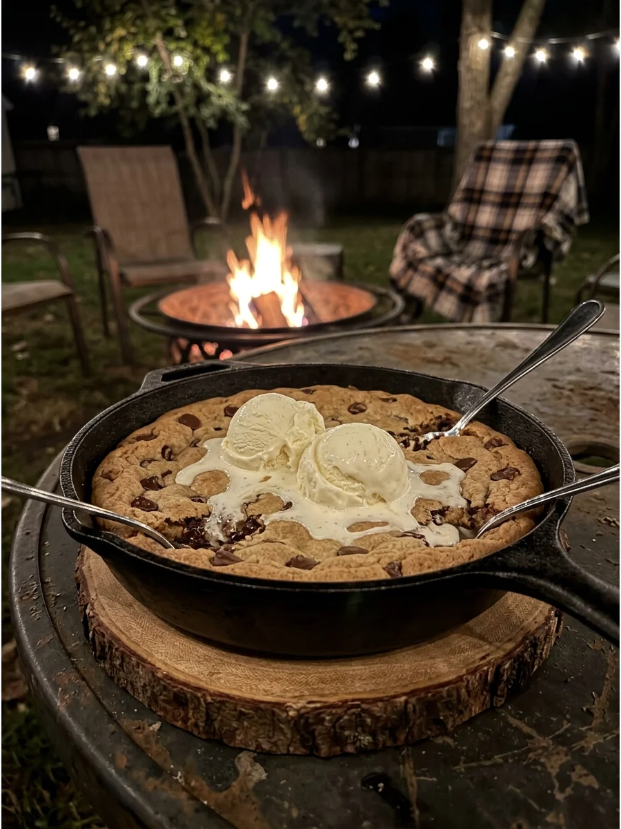 A warm skillet cookie with ice cream on a rustic wooden table.