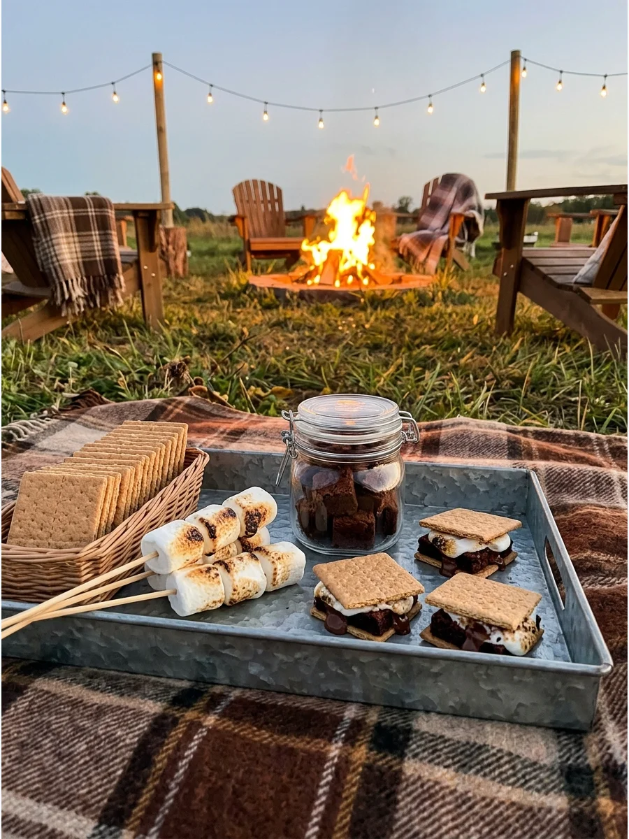 S'mores ingredients including brownie squares and toasted marshmallows.