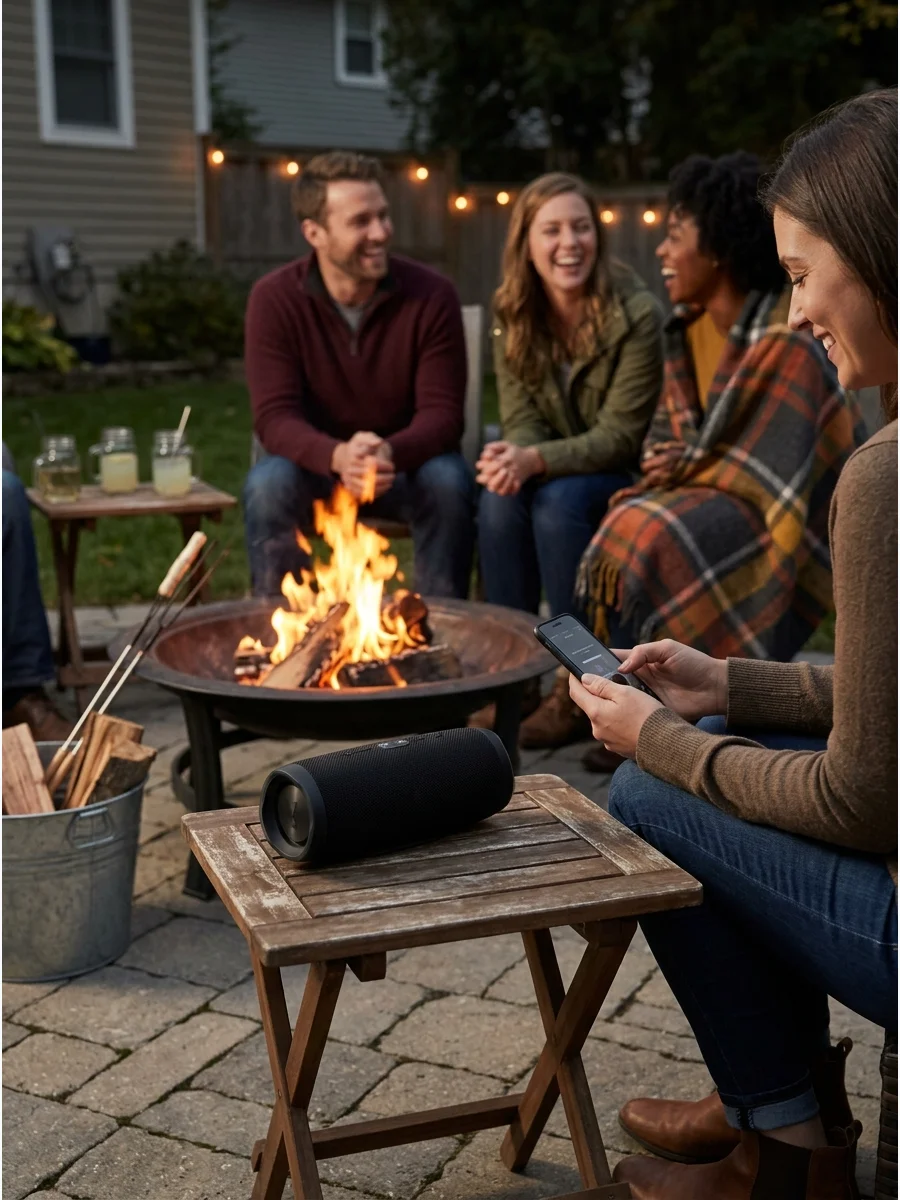 A Bluetooth speaker on a wooden table near a backyard fire pit.