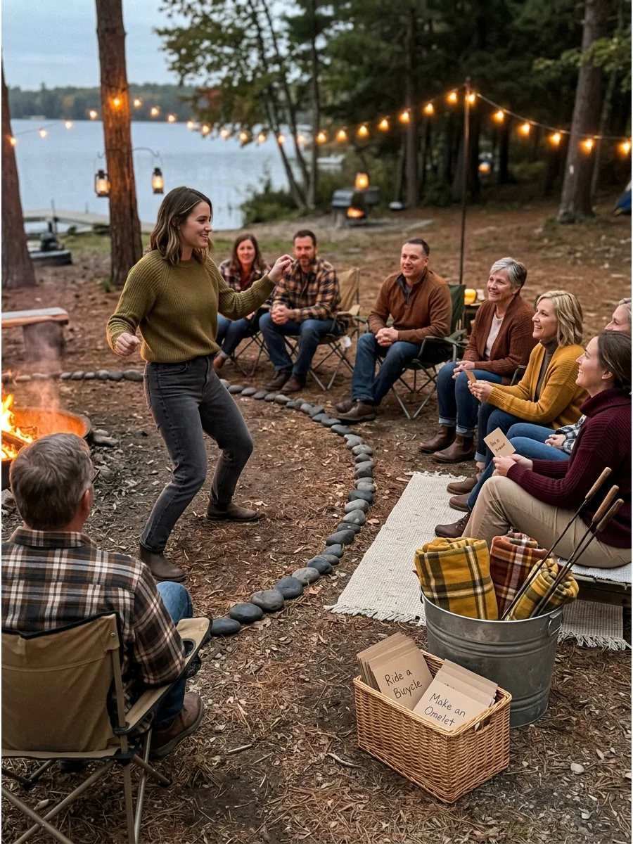 A guest playing charades in a lakeside clearing at night.