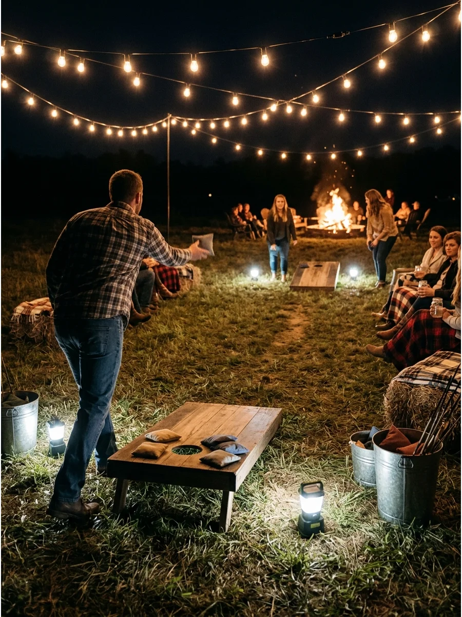 Cornhole boards set up in a large open field at night.