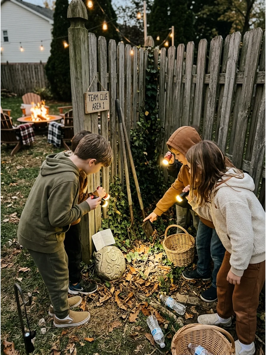 Children using flashlights for a scavenger hunt in a backyard.