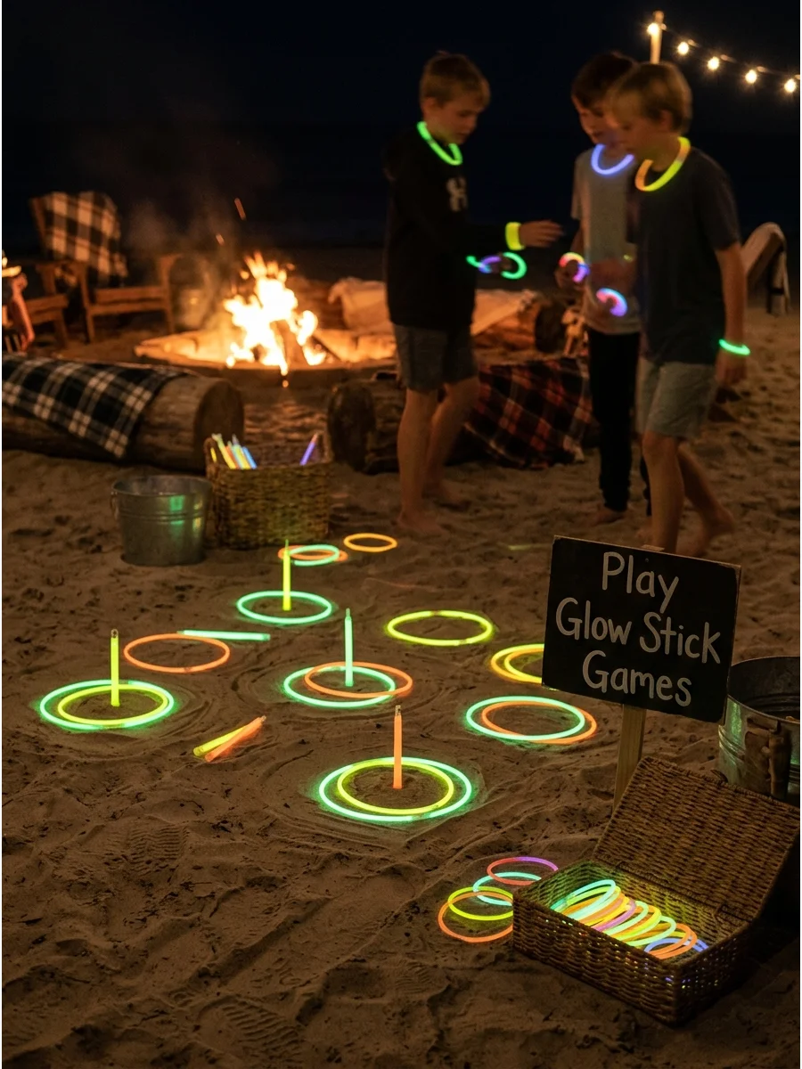 Glow stick ring toss game set up on a sandy beach at night.
