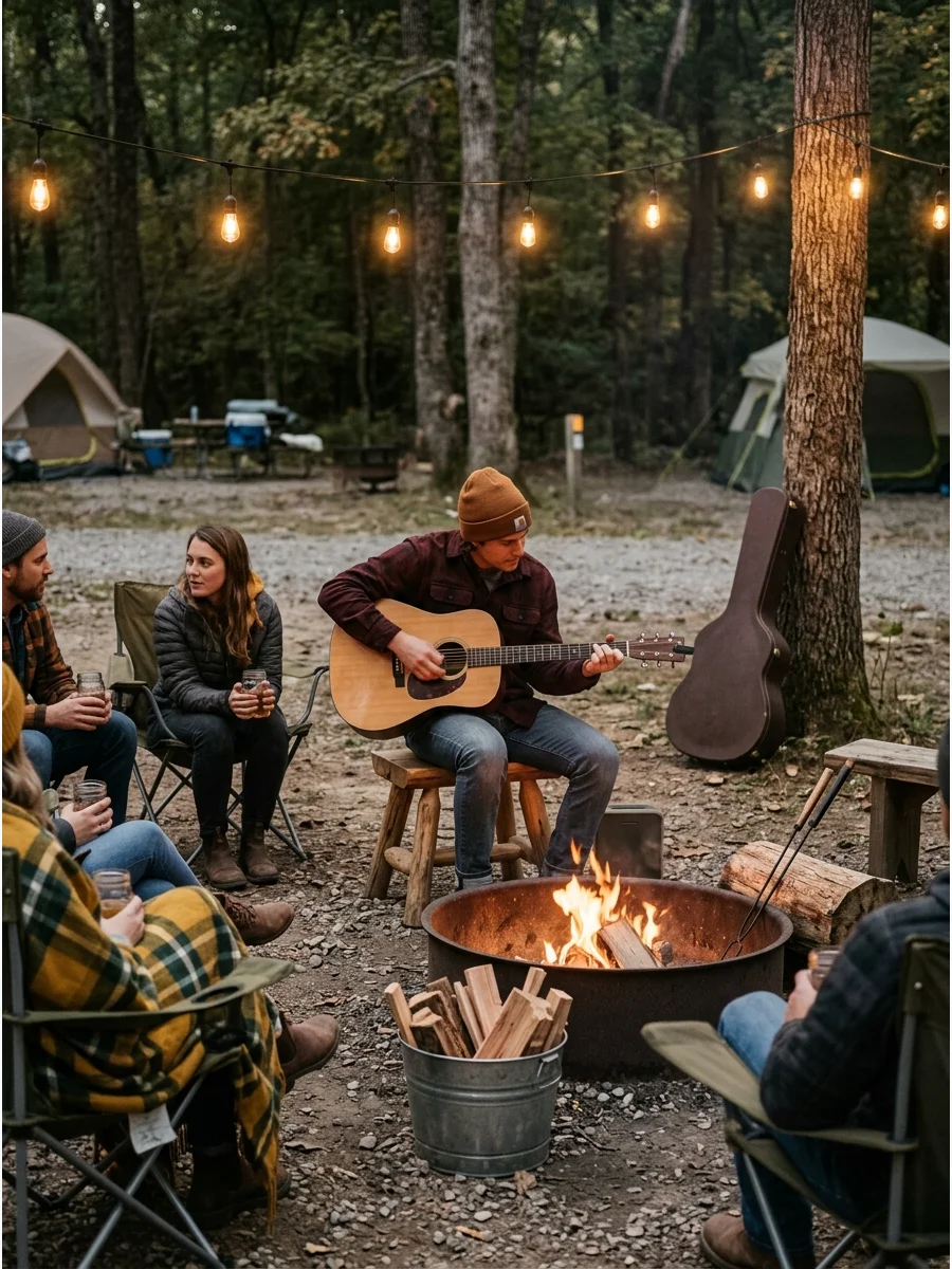 A person playing an acoustic guitar by a campfire.