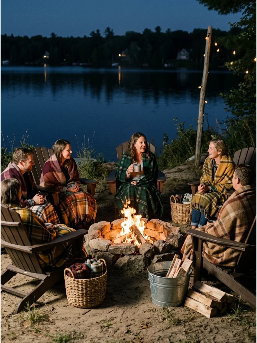 A group of people sharing stories around a lakeside fire.