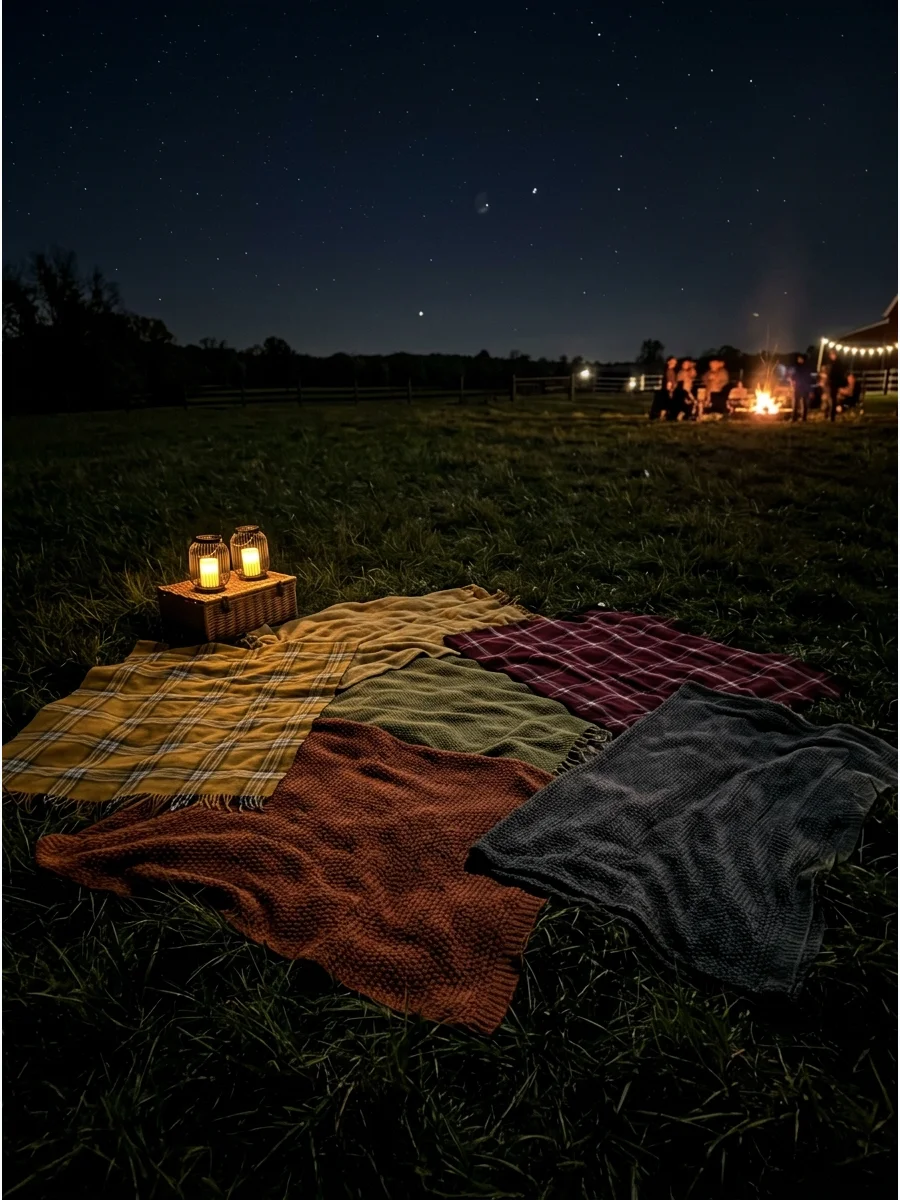 Blankets laid out for stargazing in an open field.