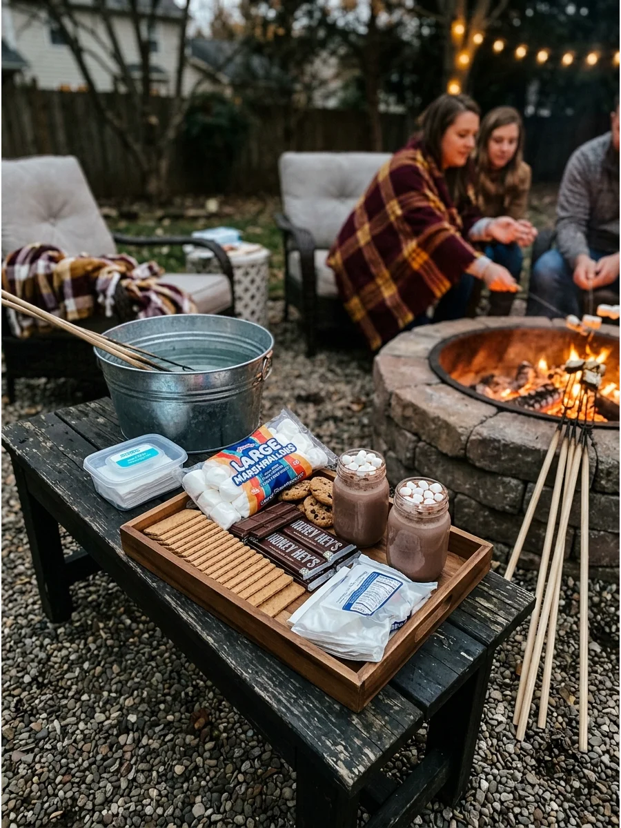 A tray of s'mores ingredients near a backyard fire pit.
