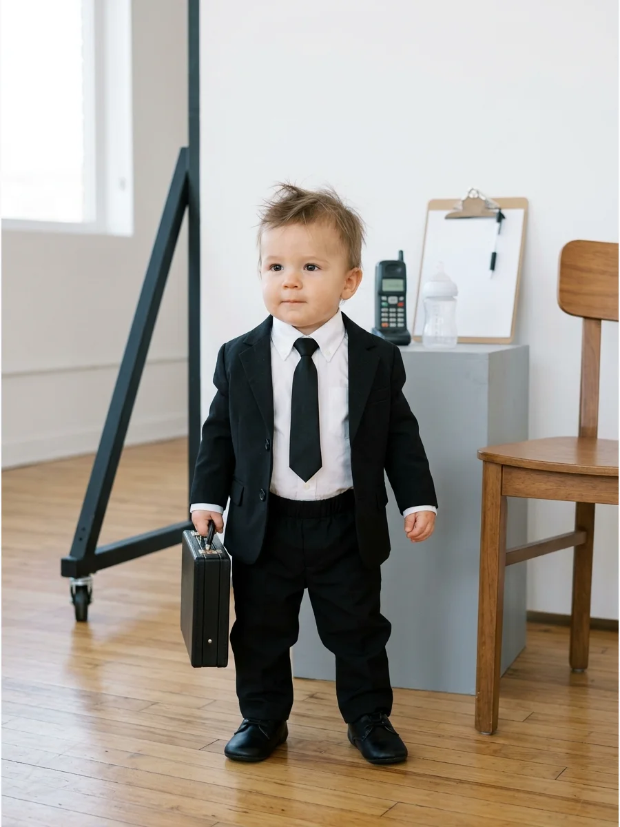 Baby wearing a black suit and tie.