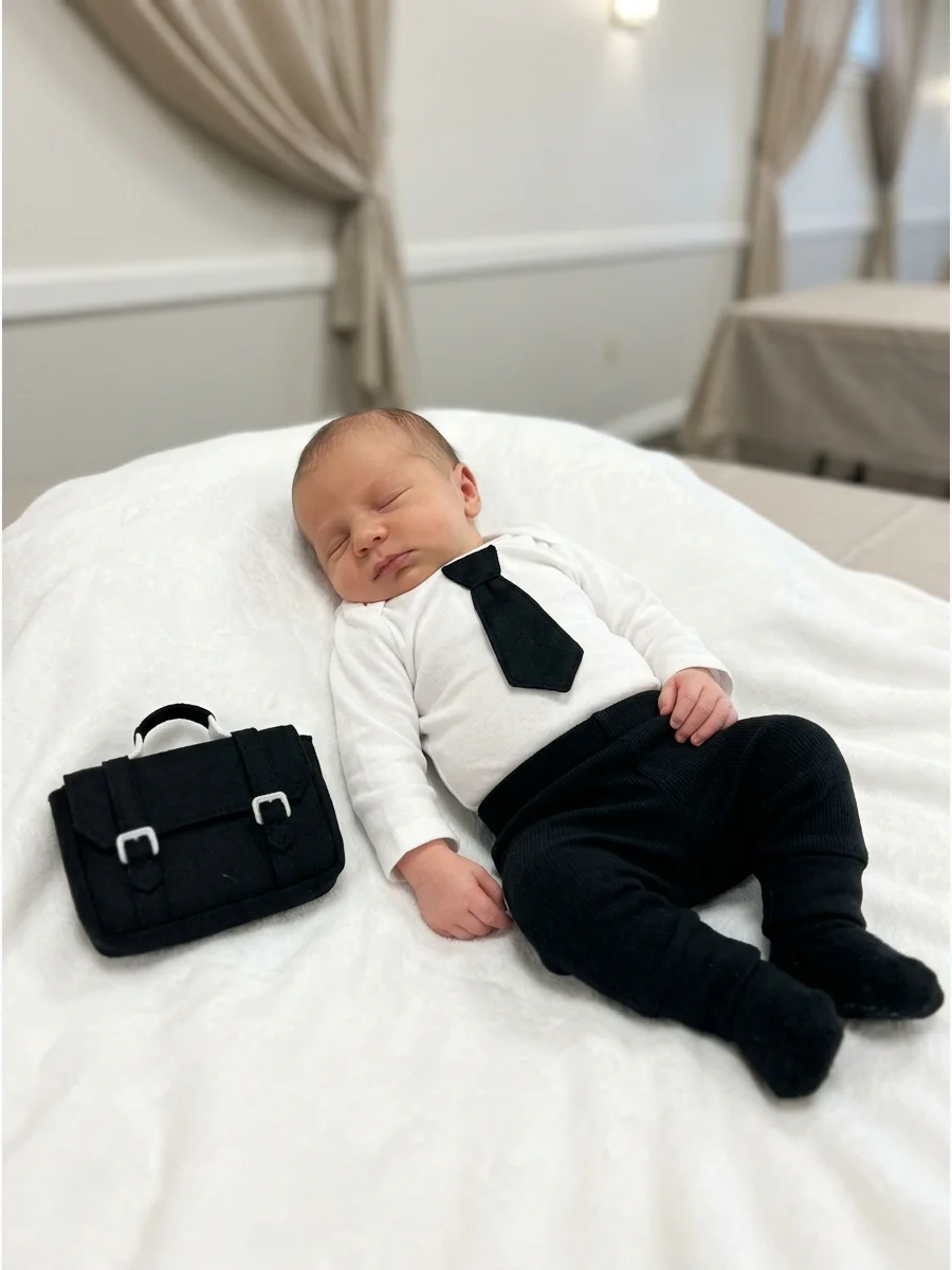 Newborn in a soft white bodysuit and fabric tie.
