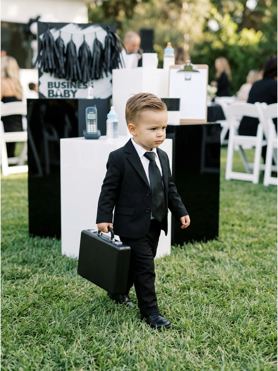 Toddler in a black suit holding a small briefcase.